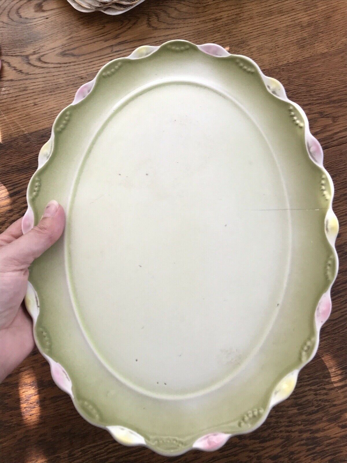 Pretty Vintage Dressing Table Set Pink Green Ceramic Oval Tray and Candlestick. Cottagecore.