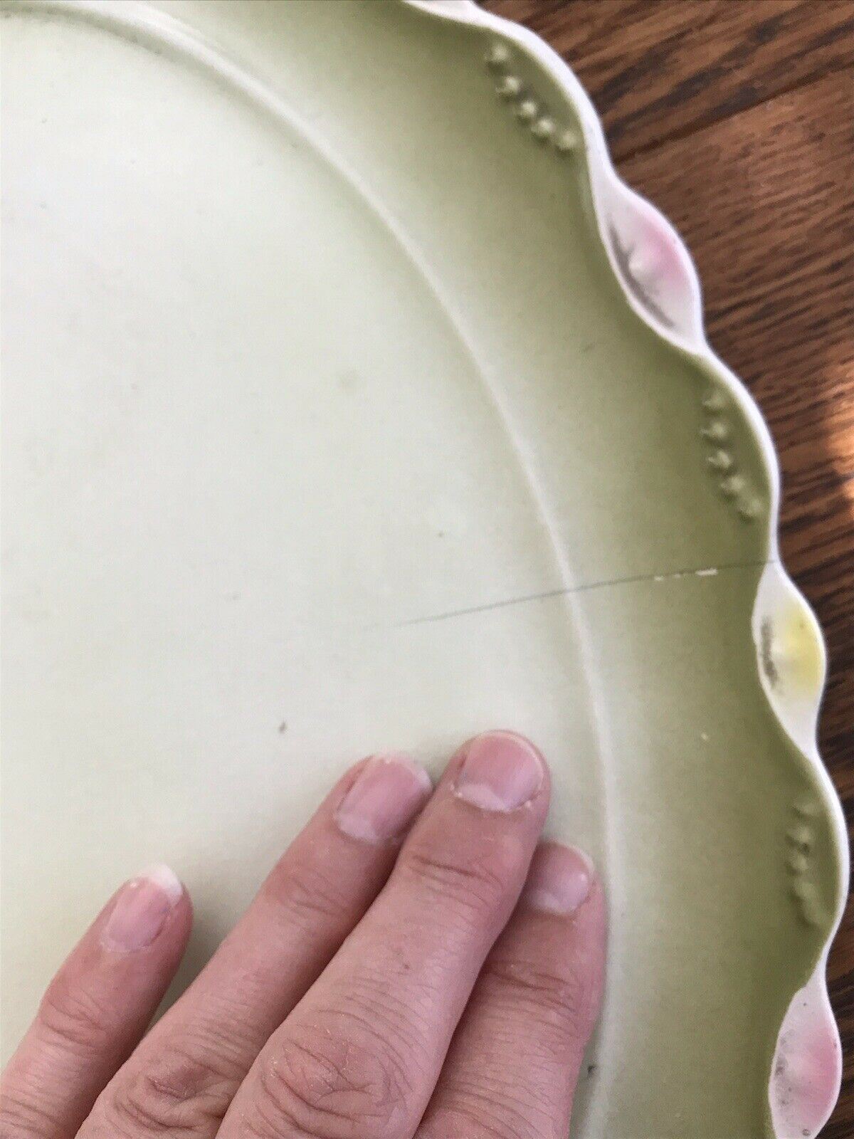 Pretty Vintage Dressing Table Set Pink Green Ceramic Oval Tray and Candlestick. Cottagecore.