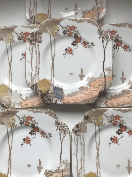 Set Of 6 GRAFTON ARCADIA Side Plates - Art Deco 1930s - Tall Trees Blossom Woodland