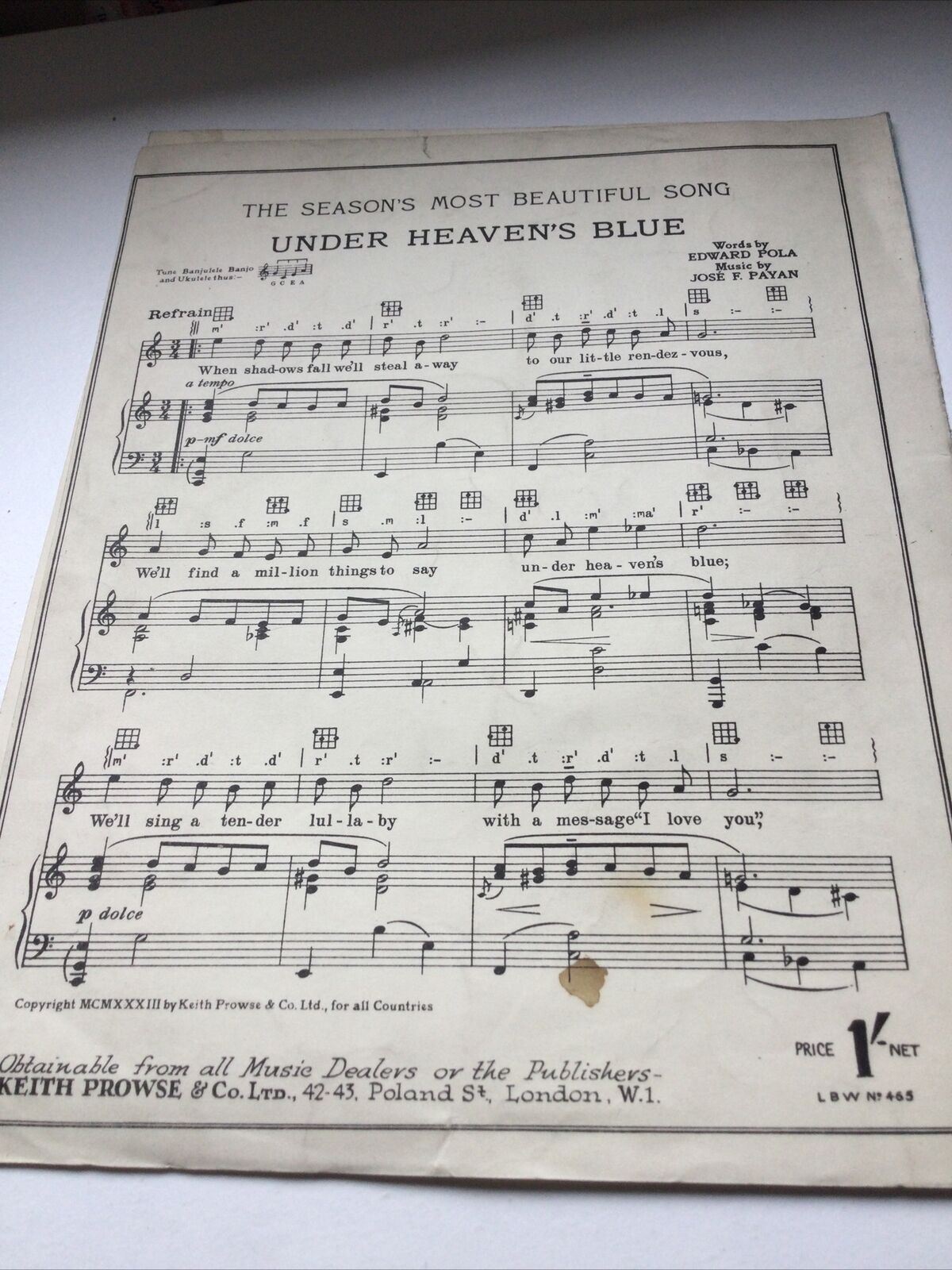Vintage Sheet Music - My Moonlight Madonna - Song With Piano Accompaniment - Zdenko Fibich