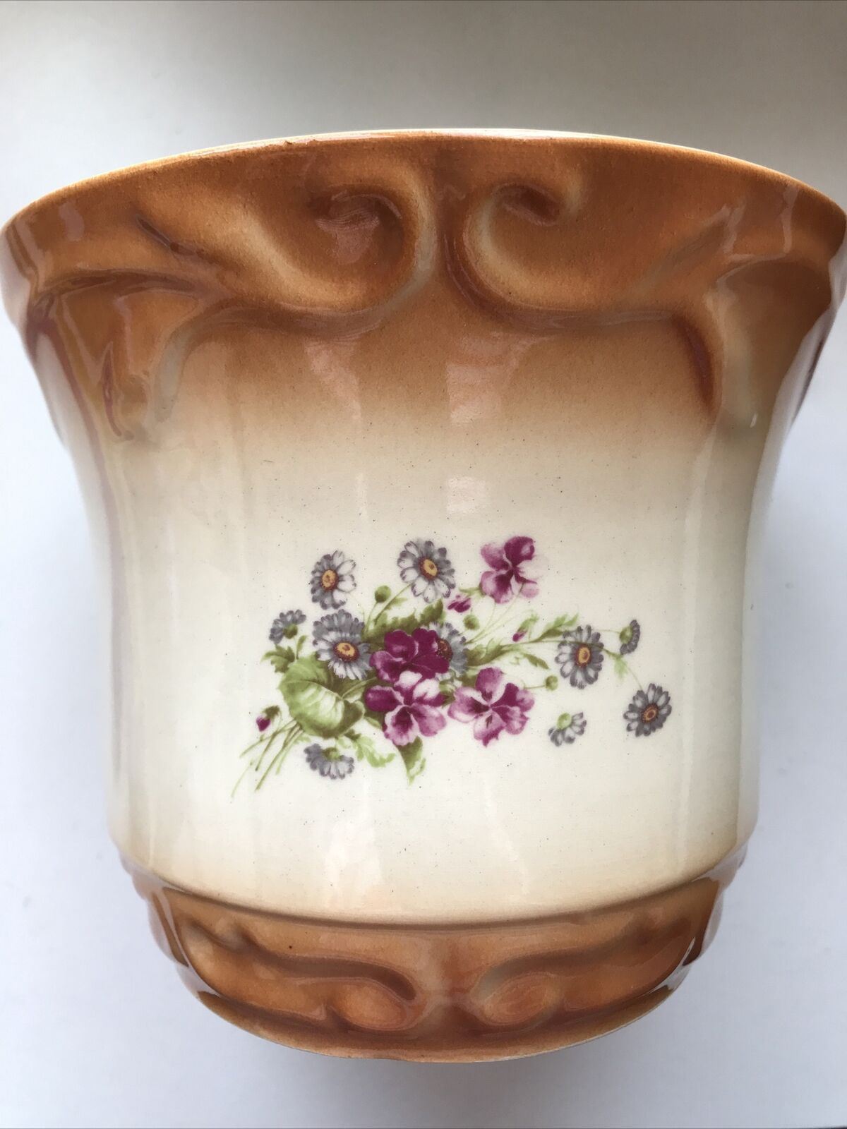 Vintage Brown Cream Ceramic Flower Plant Pot Pink Floral Indoor Planter Romania