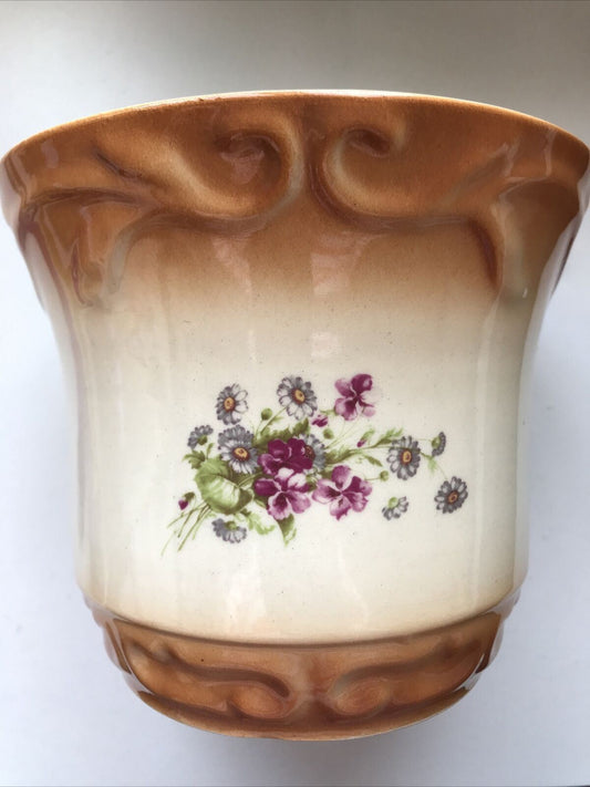 Vintage Brown Cream Ceramic Flower Plant Pot Pink Floral Indoor Planter Romania