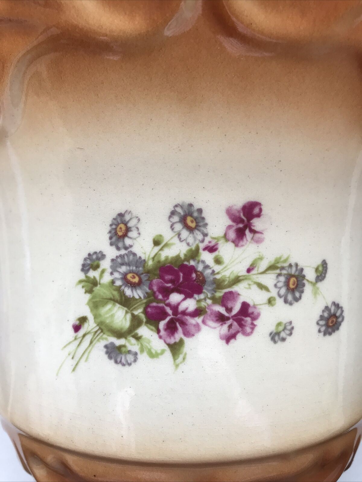 Vintage Brown Cream Ceramic Flower Plant Pot Pink Floral Indoor Planter Romania