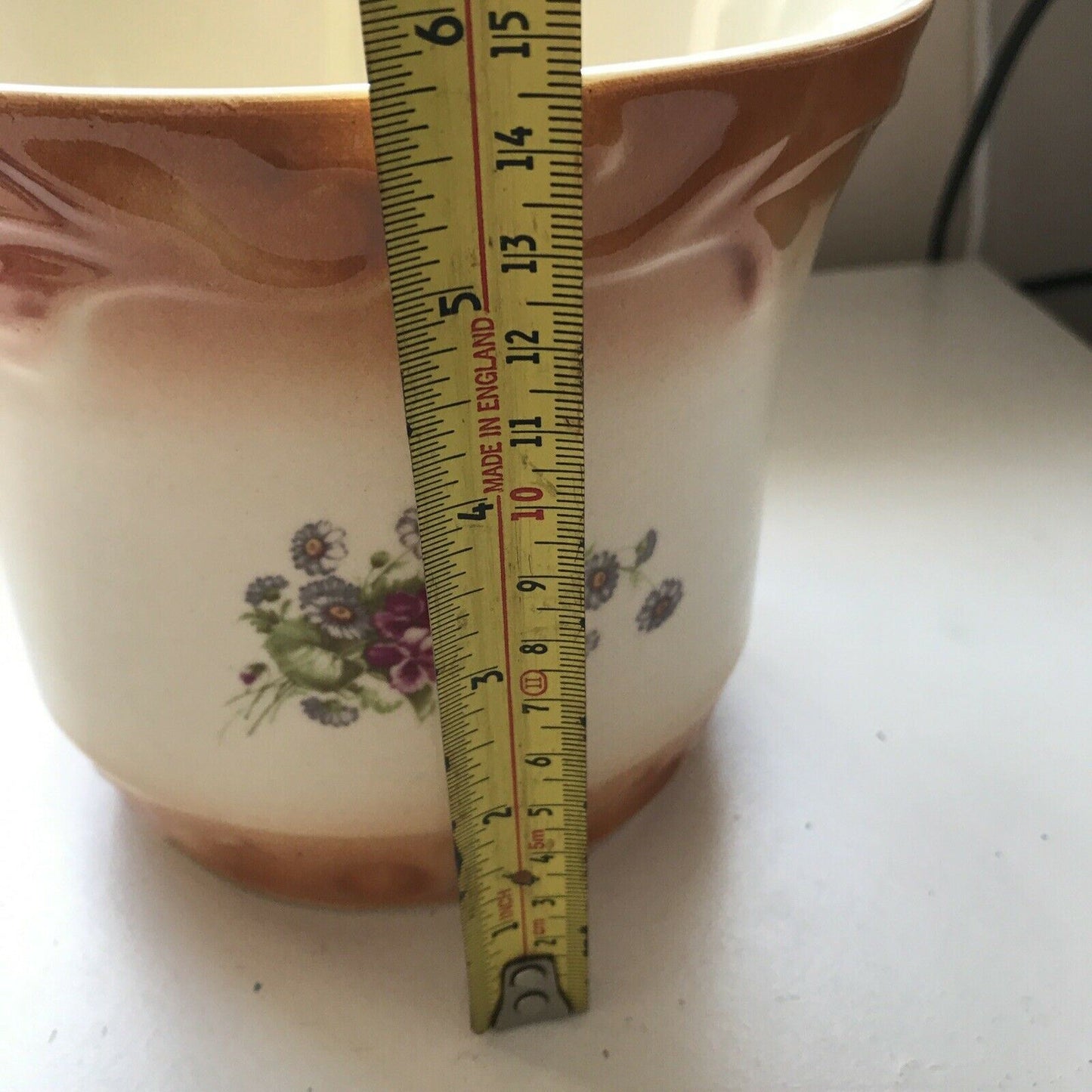 Vintage Brown Cream Ceramic Flower Plant Pot Pink Floral Indoor Planter Romania