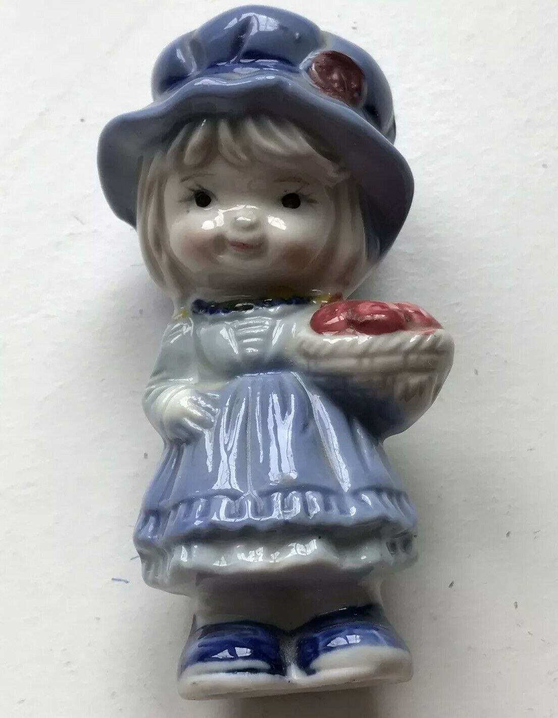 Cute Figurine - Girl In Bonnet With Basket Of Roses - Ceramic Ornament / Decoration - Retro - Blue