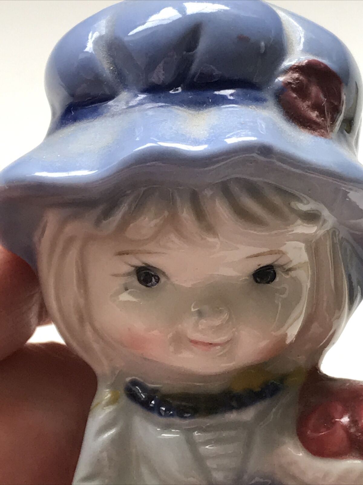Cute Figurine - Girl In Bonnet With Basket Of Roses - Ceramic Ornament / Decoration - Retro - Blue