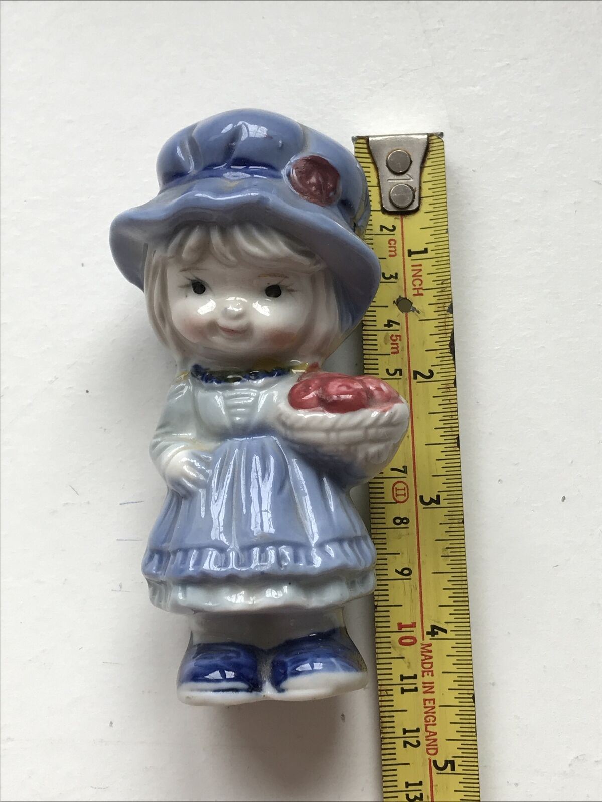 Cute Figurine - Girl In Bonnet With Basket Of Roses - Ceramic Ornament / Decoration - Retro - Blue