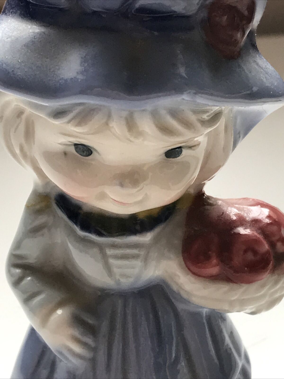 Cute Figurine - Girl In Bonnet With Basket Of Roses - Ceramic Ornament / Decoration - Retro - Blue
