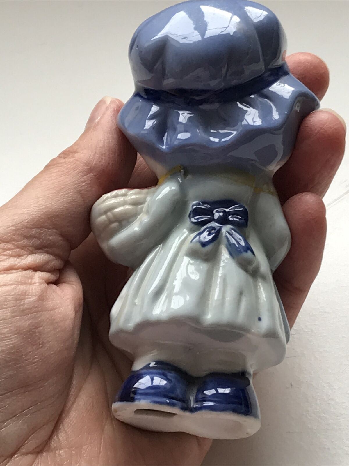 Cute Figurine - Girl In Bonnet With Basket Of Roses - Ceramic Ornament / Decoration - Retro - Blue