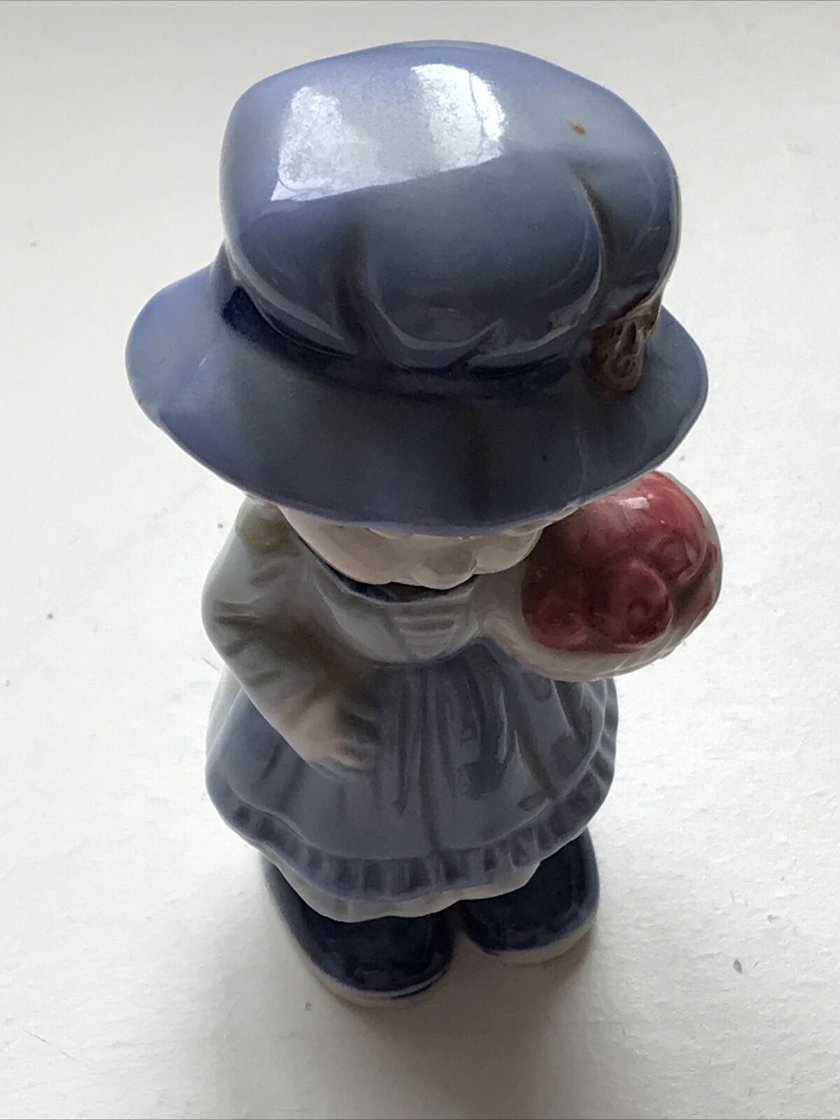 Cute Figurine - Girl In Bonnet With Basket Of Roses - Ceramic Ornament / Decoration - Retro - Blue