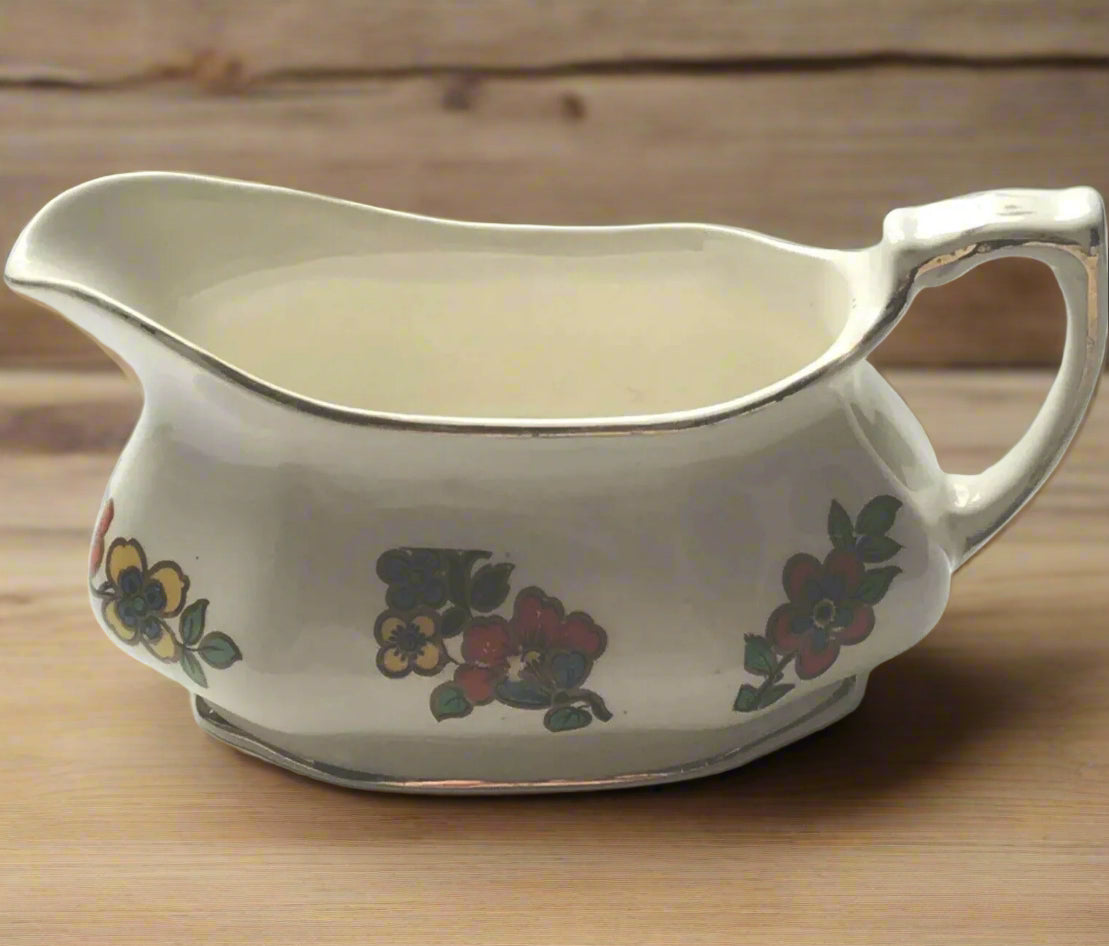 Small Art Deco Gravy Boat / Jug - Floral - Ivory Colour With Pretty Orange And Yellow Flowers