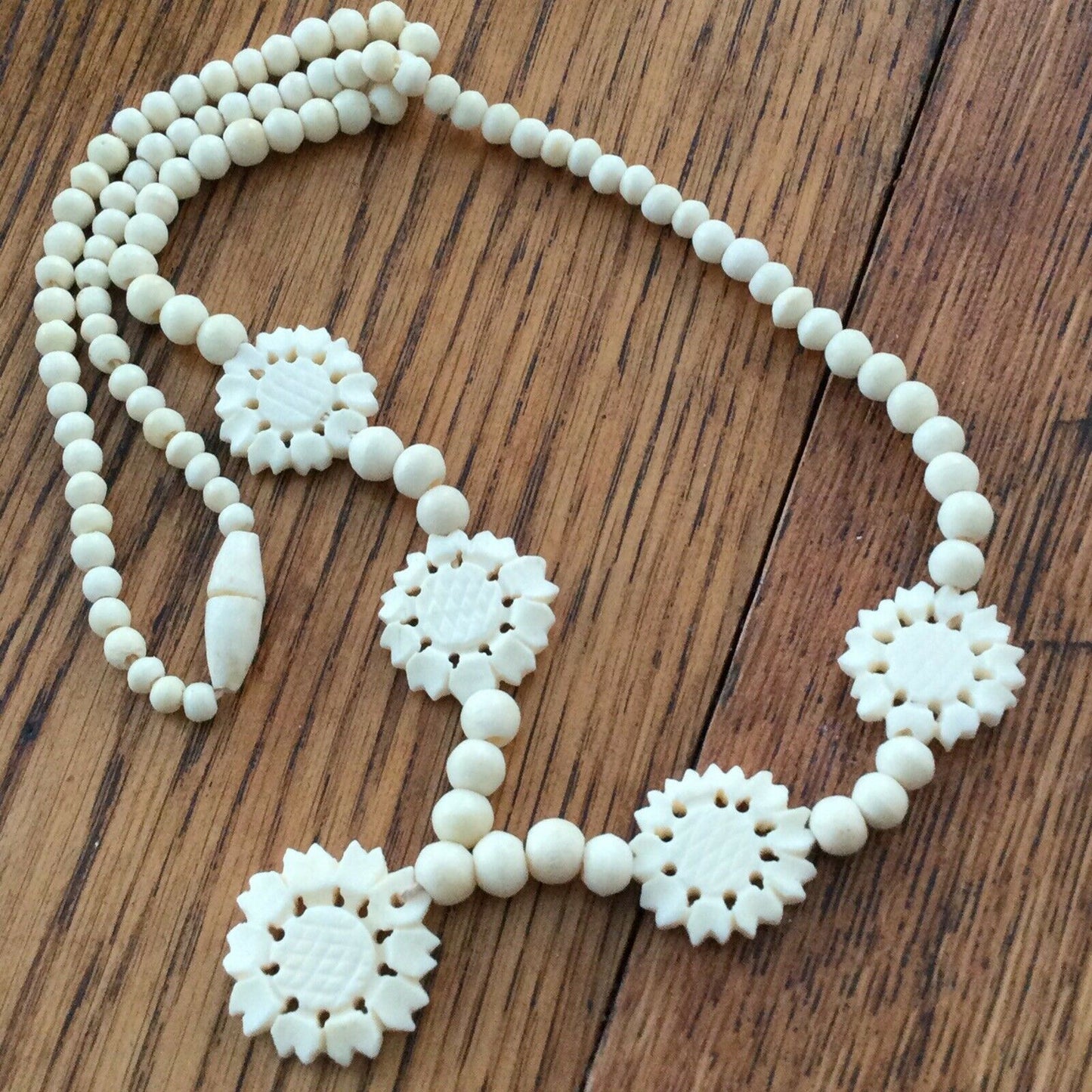 Vintage Early PlastIc Bead Pendant. Cream Colour. Round And Flower Beads Pretty