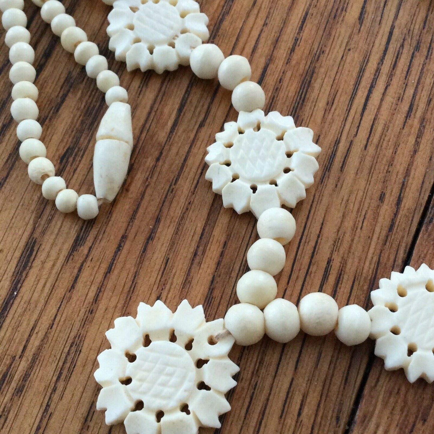Vintage Early PlastIc Bead Pendant. Cream Colour. Round And Flower Beads Pretty