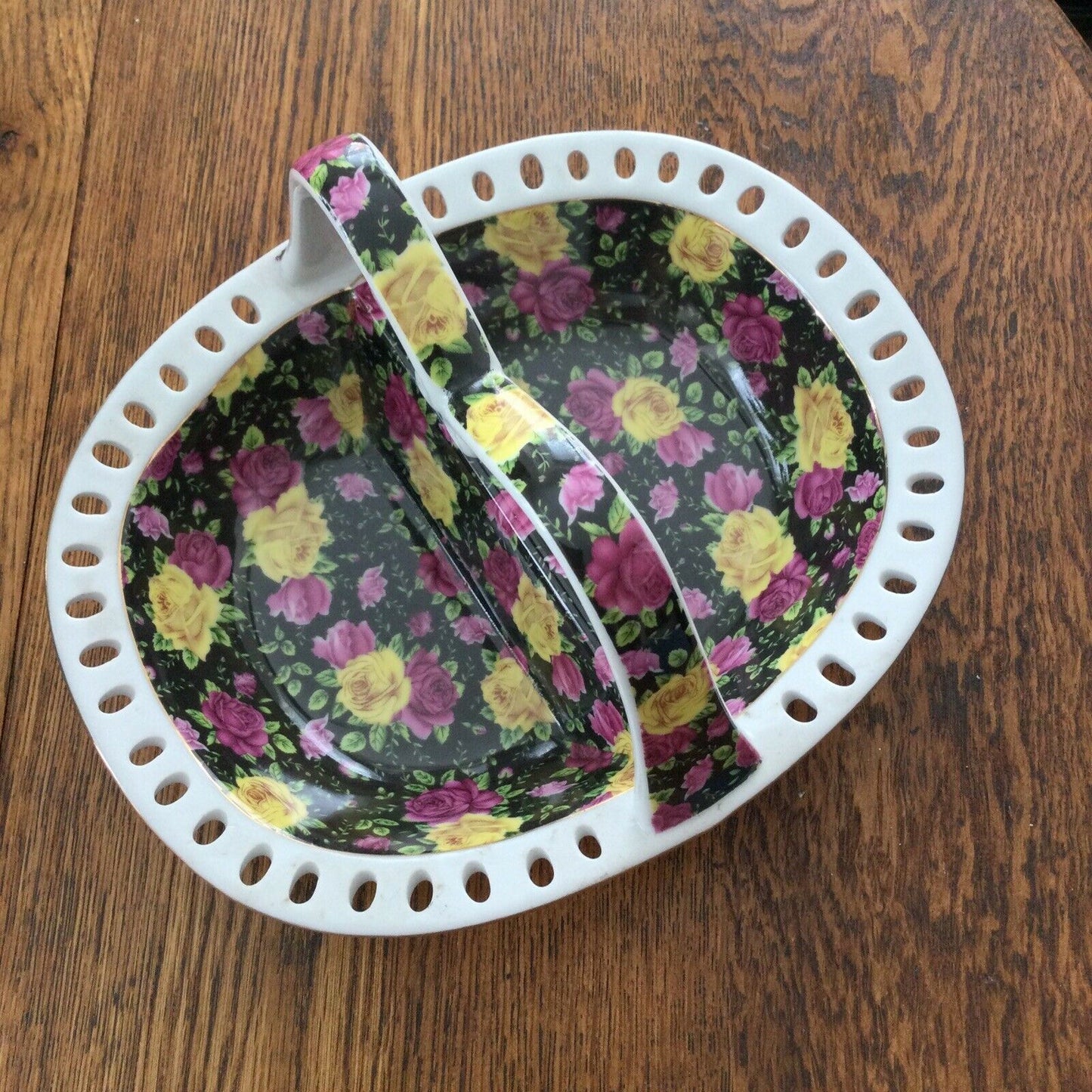 Retro Basket Shaped Ceramic Dish / Bowl - Divided - Rose Pattern On Black Background - Jay & Sons