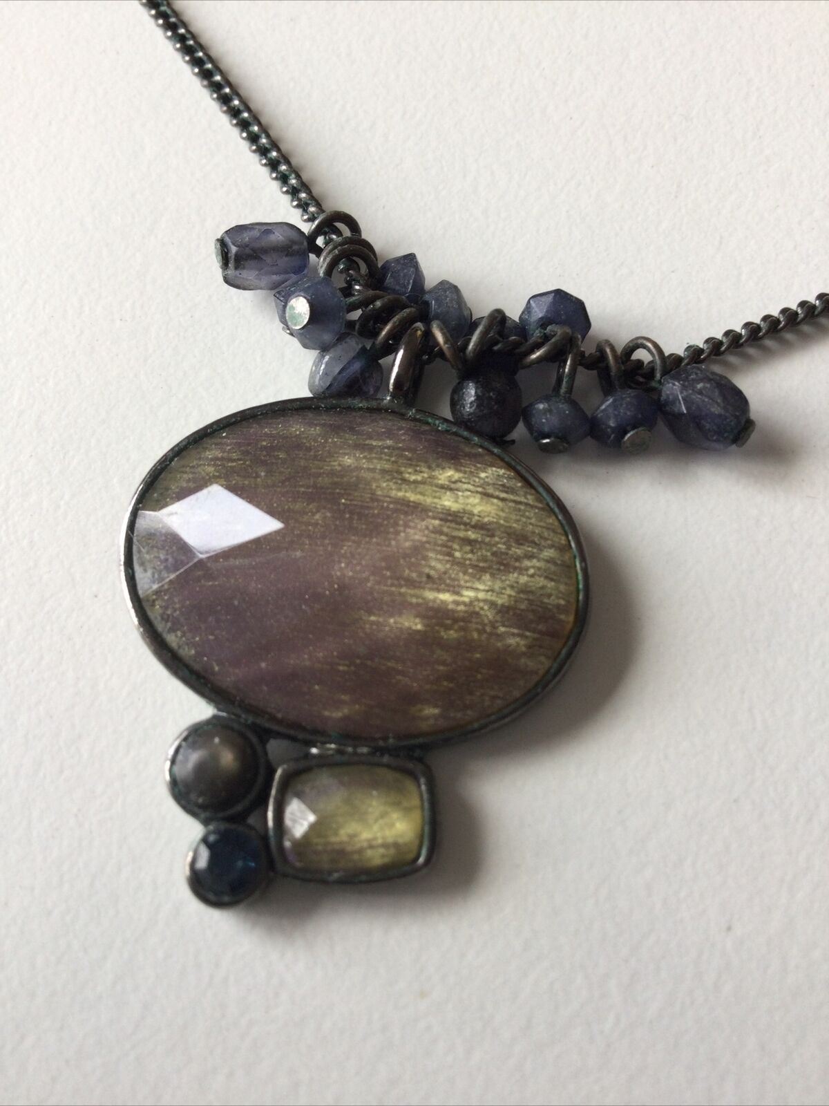 Pretty Gun Metal Colour Pendant Necklace With Smokey Colour Stones Evening Party