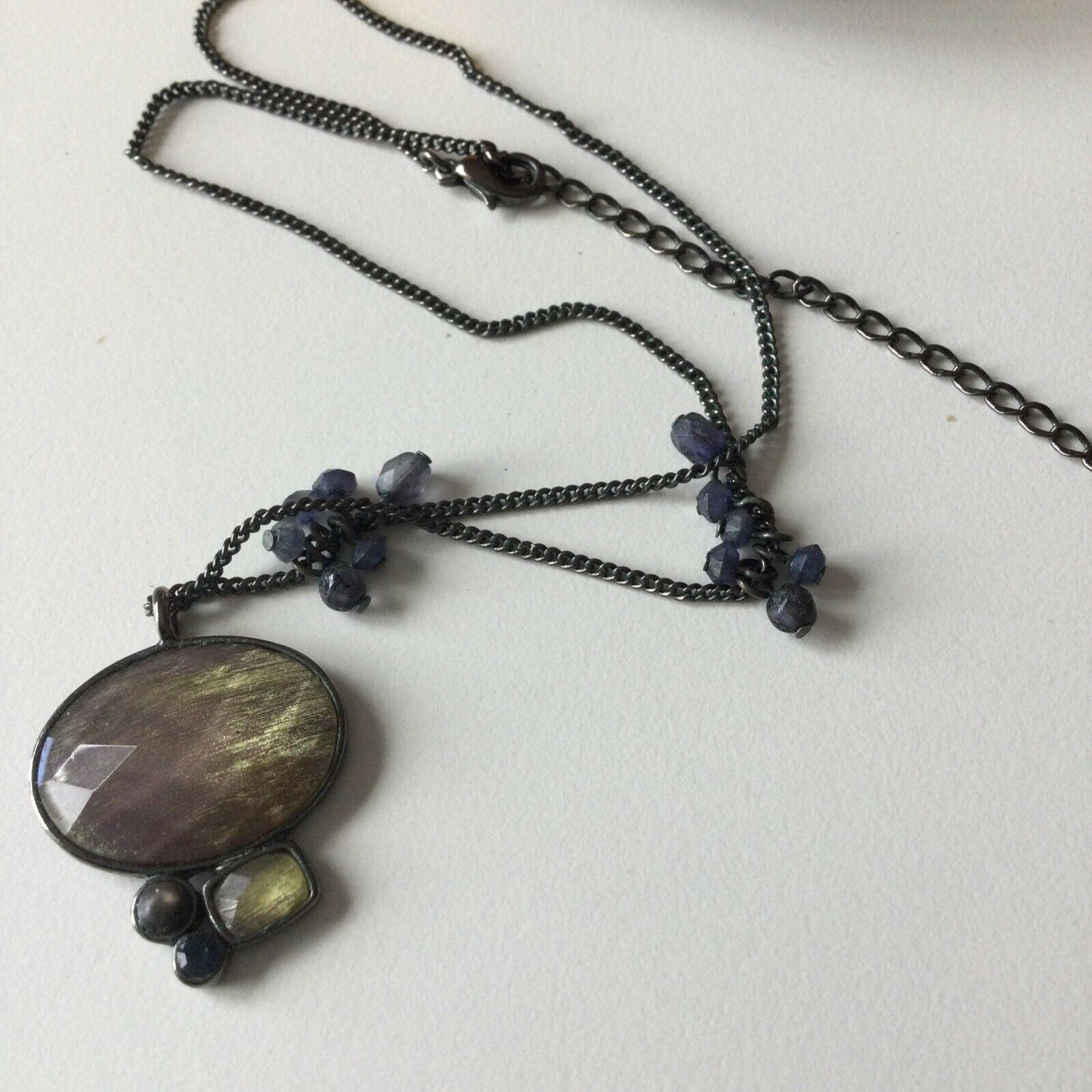 Pretty Gun Metal Colour Pendant Necklace With Smokey Colour Stones Evening Party