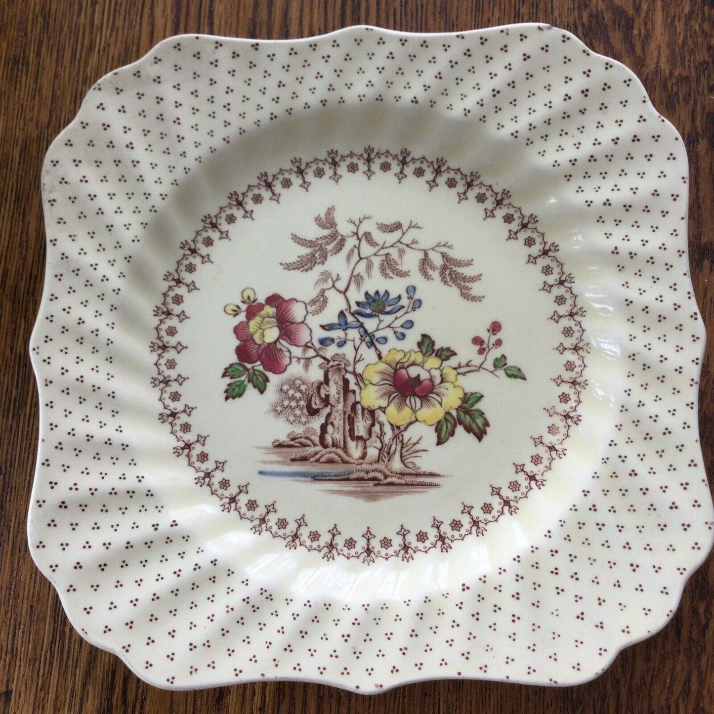 Royal Doulton Grantham - Square Fluted Edge Plate - Floral Design - D 5477 - Brown and muted pastels