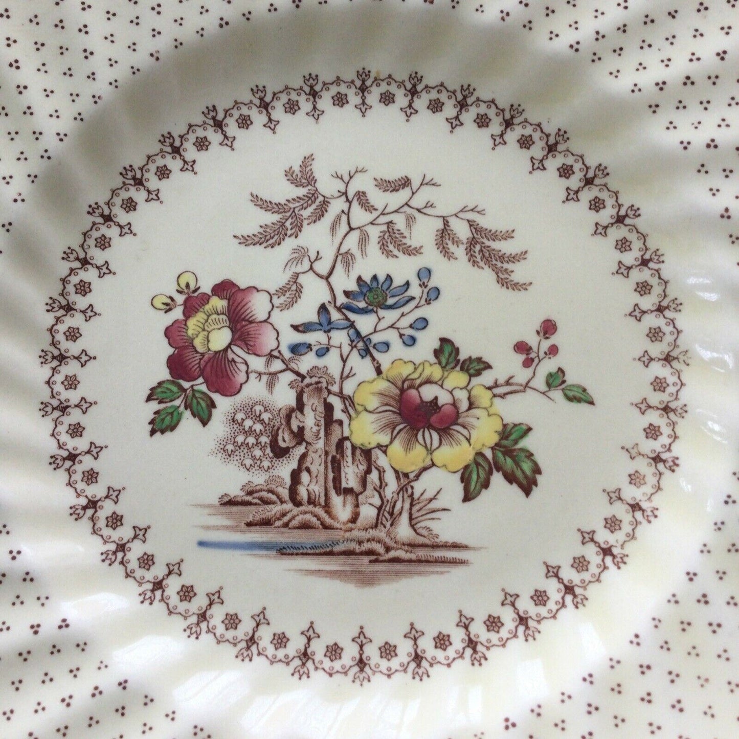 Royal Doulton Grantham - Square Fluted Edge Plate - Floral Design - D 5477 - Brown and muted pastels