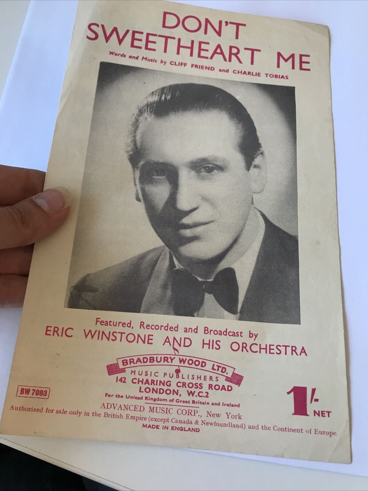 Vintage Sheet Music Don’t Sweetheart Me Eric Winstone Cliff Friend Memorabilia