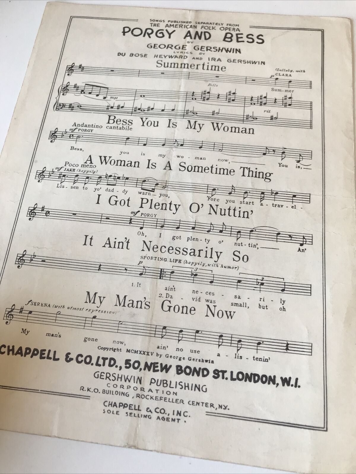 Vintage Sheet Music Summertime Porgy & Bess Sidney Poitier Gershwin Memorabilia