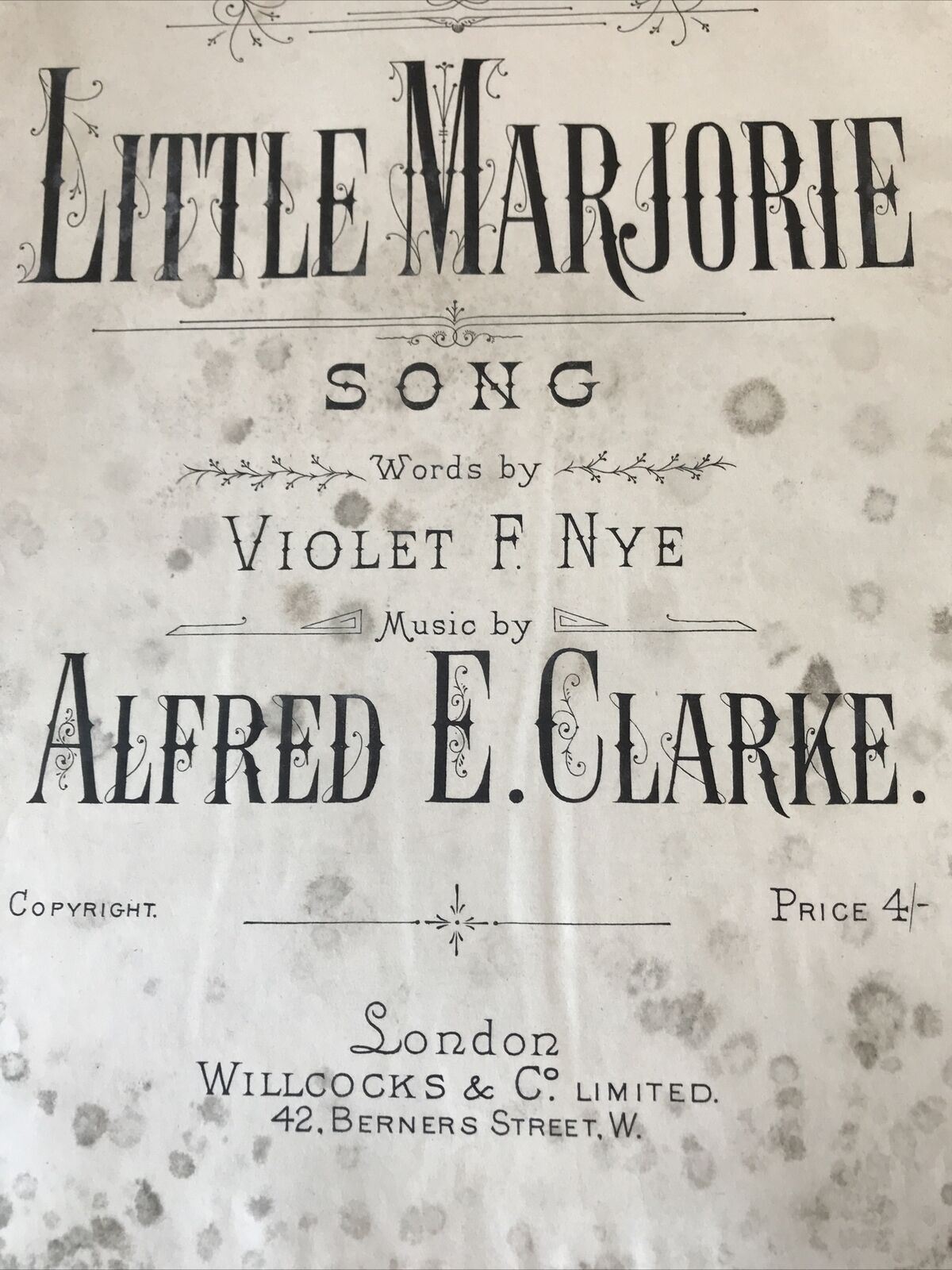 Vintage Sheet Music - Little Marjorie Song - Alfred E Clarke - Violet F Nye - DAMAGED