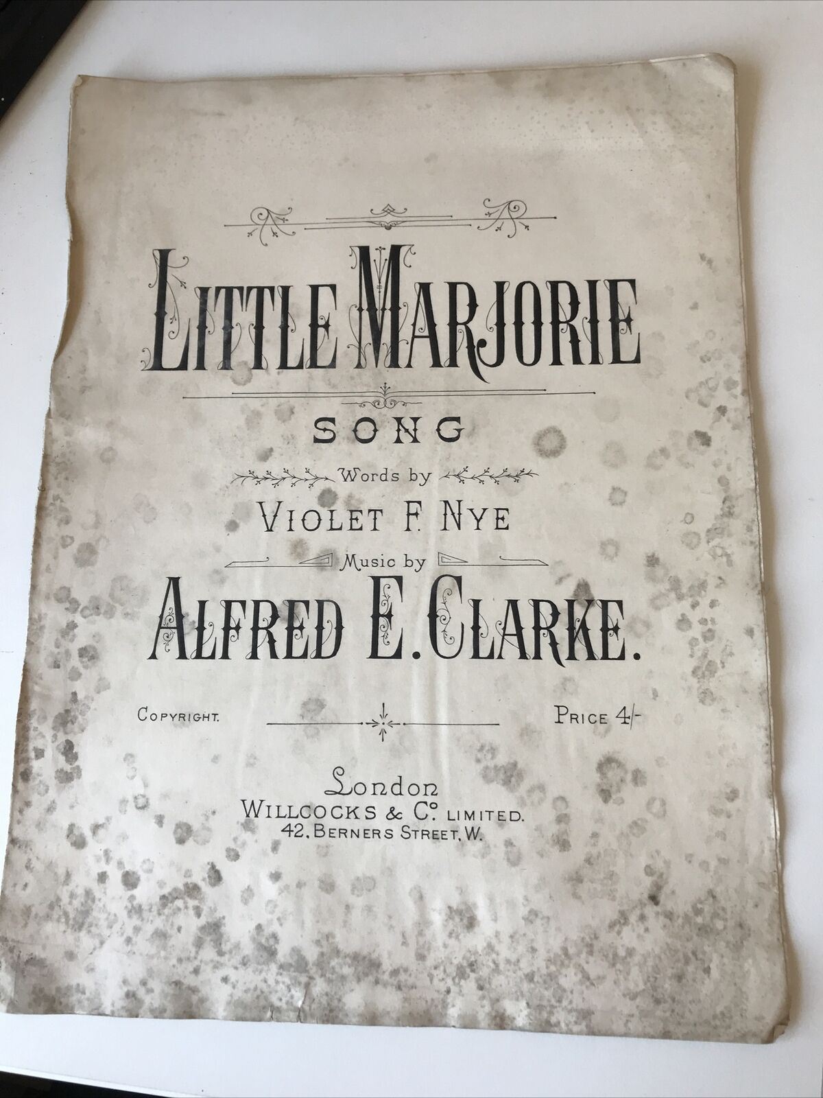 Vintage Sheet Music - Little Marjorie Song - Alfred E Clarke - Violet F Nye - DAMAGED