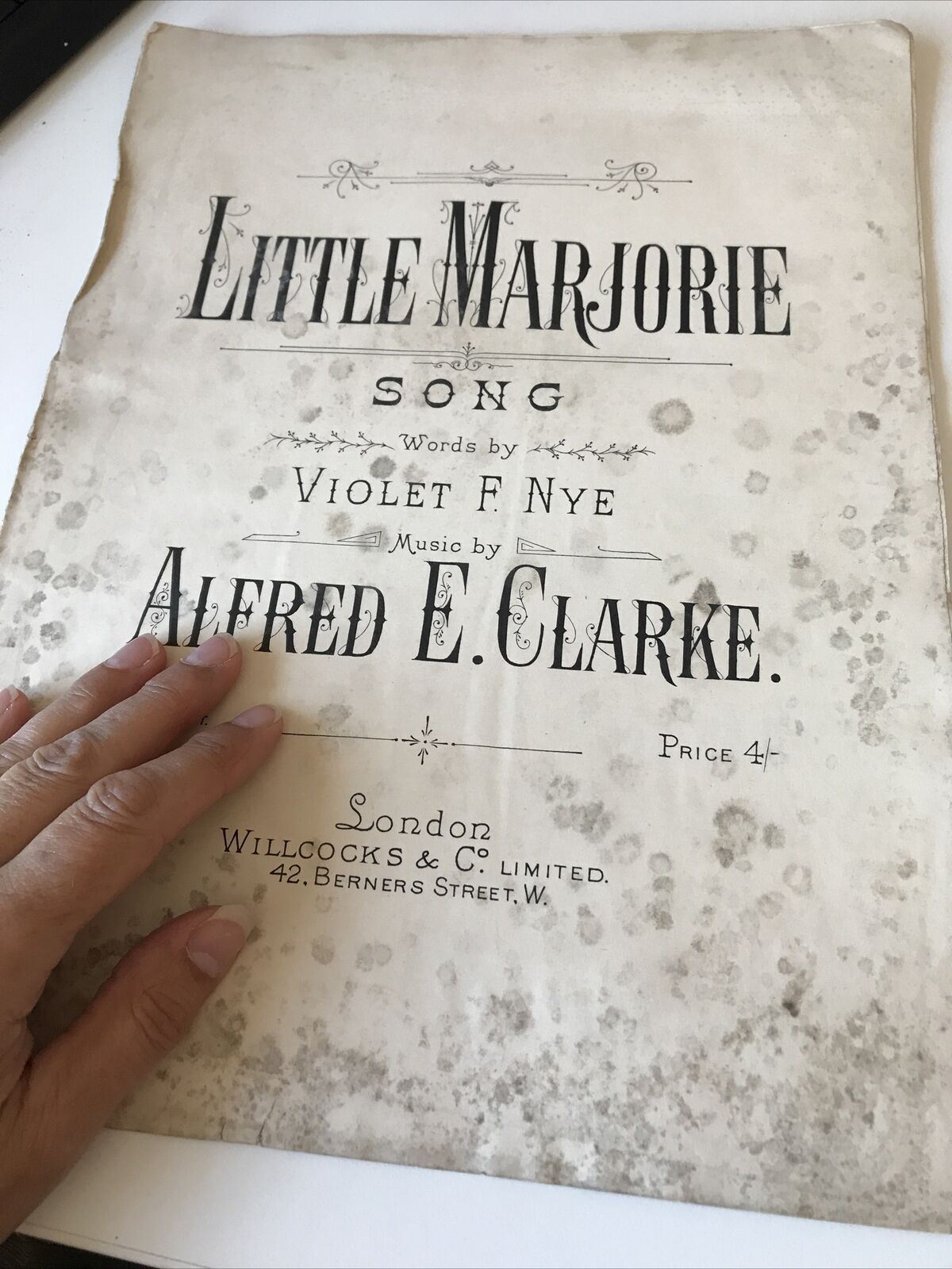 Vintage Sheet Music - Little Marjorie Song - Alfred E Clarke - Violet F Nye - DAMAGED