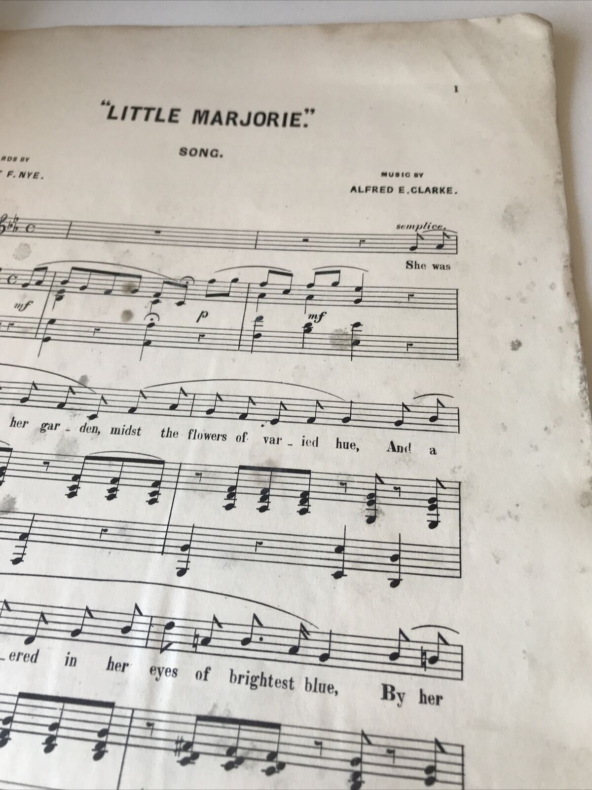 Vintage Sheet Music - Little Marjorie Song - Alfred E Clarke - Violet F Nye - DAMAGED