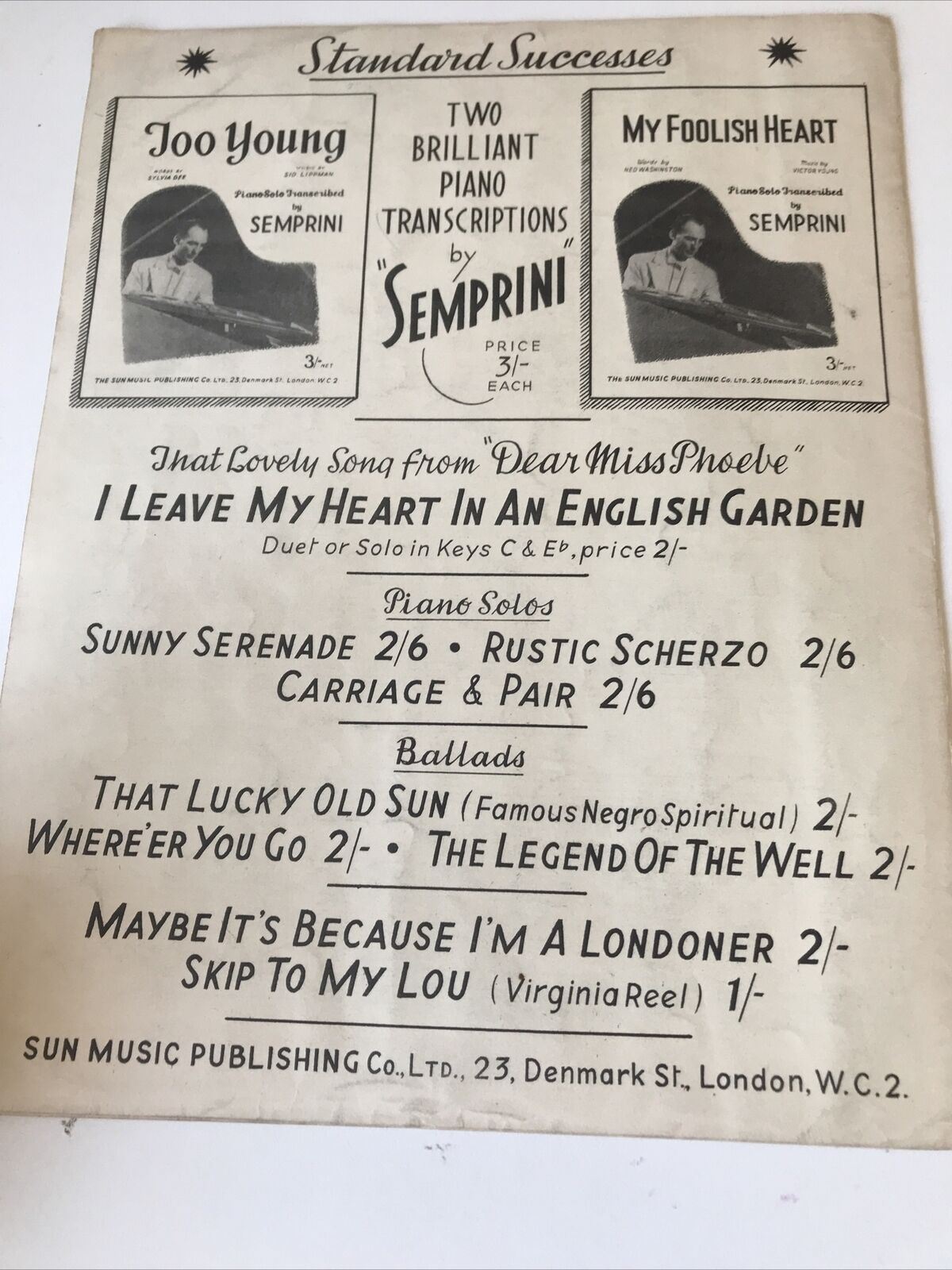 Vintage Sheet Music. ‘Dear Miss Phoebe’ Memorabilia - I Leave My Heart In An English Garden 1950 Emile