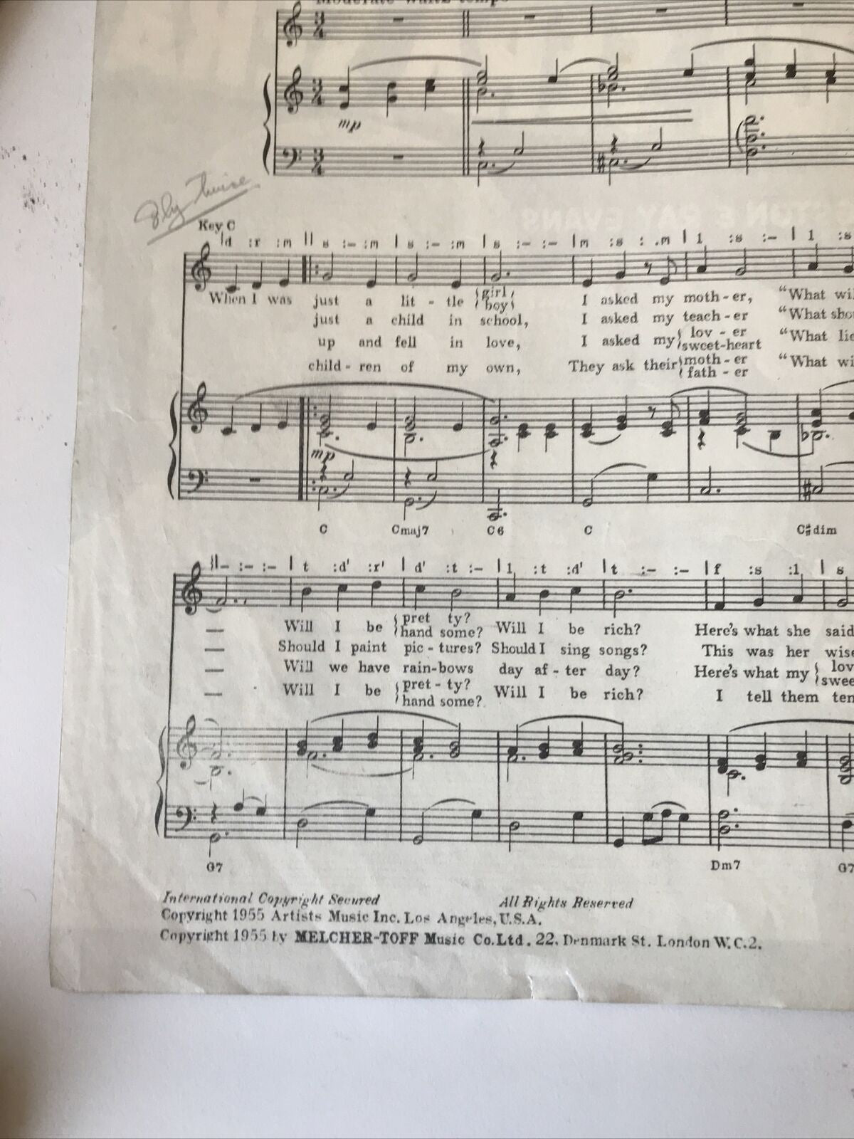Vintage Sheet Music Movie Memorabilia The Man Who Knew Too Much Que Sera Sera