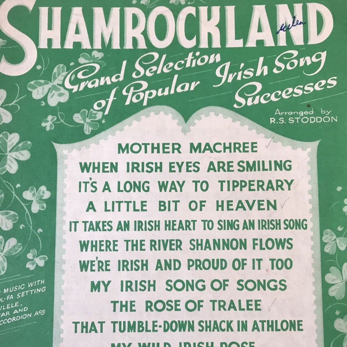 Vintage 1930s Sheet Music - SHAMROCKLAND - Irish Song Medley - Mother Machree - When Irish Eyes Are Smiling