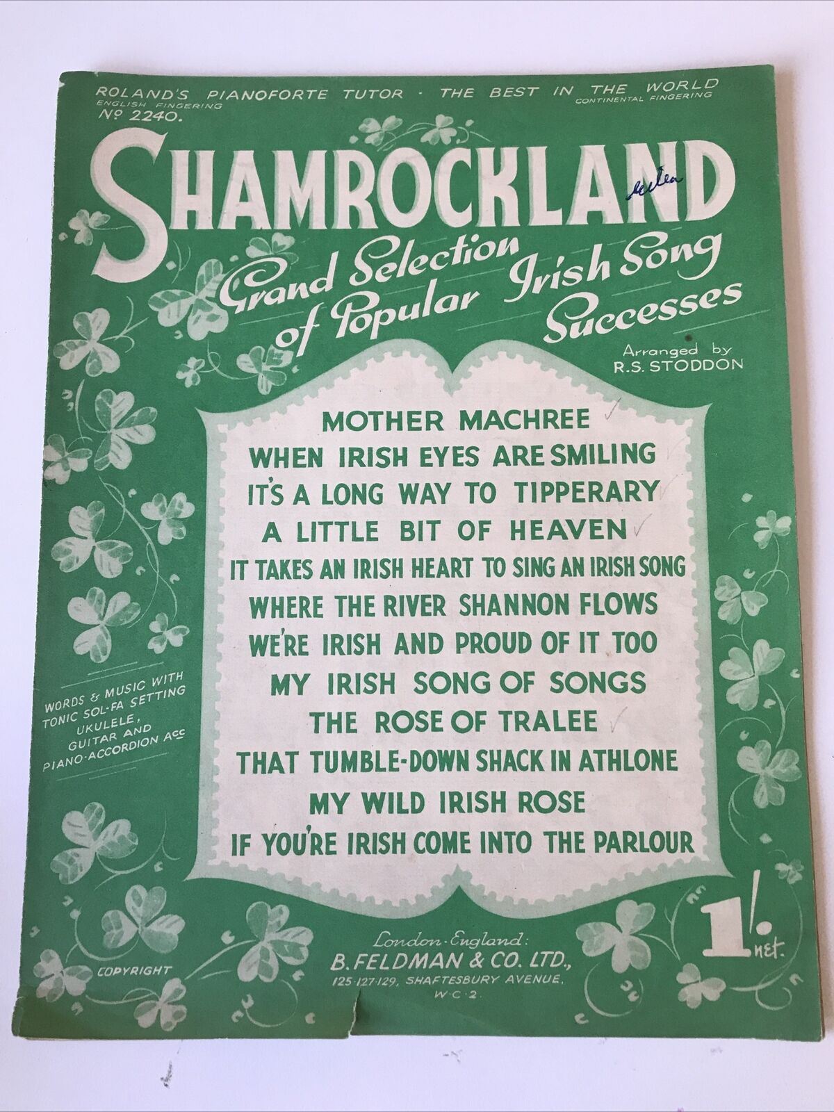Vintage 1930s Sheet Music - SHAMROCKLAND - Irish Song Medley - Mother Machree - When Irish Eyes Are Smiling
