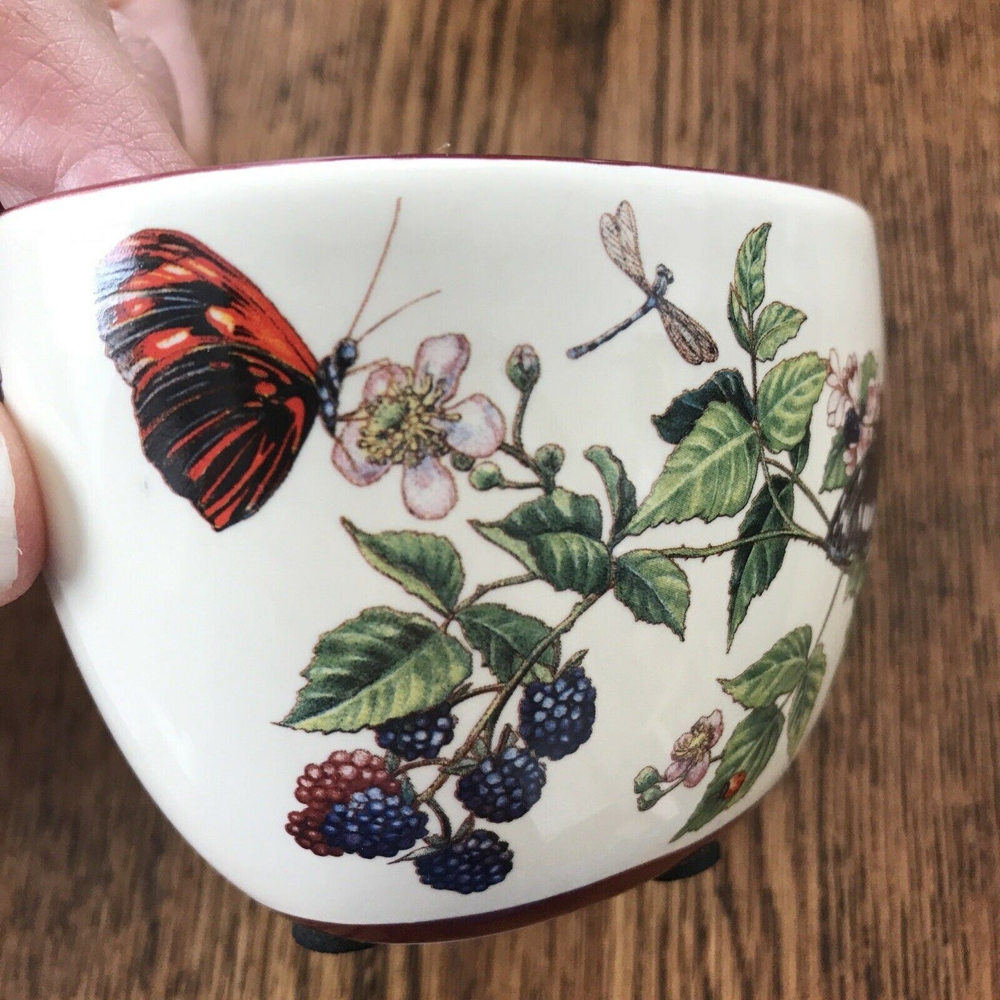 Small Deep Oval Decorative Bowl Pot / Small Indoor Planter. Butterflies Blackberries Autumnal Floral