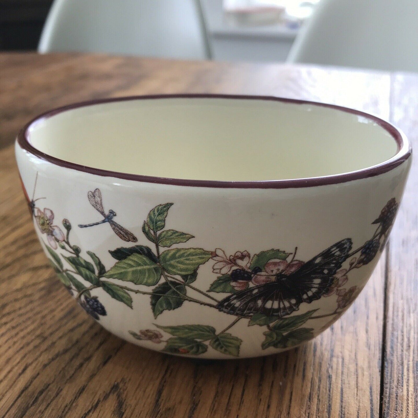 Small Deep Oval Decorative Bowl Pot / Small Indoor Planter. Butterflies Blackberries Autumnal Floral