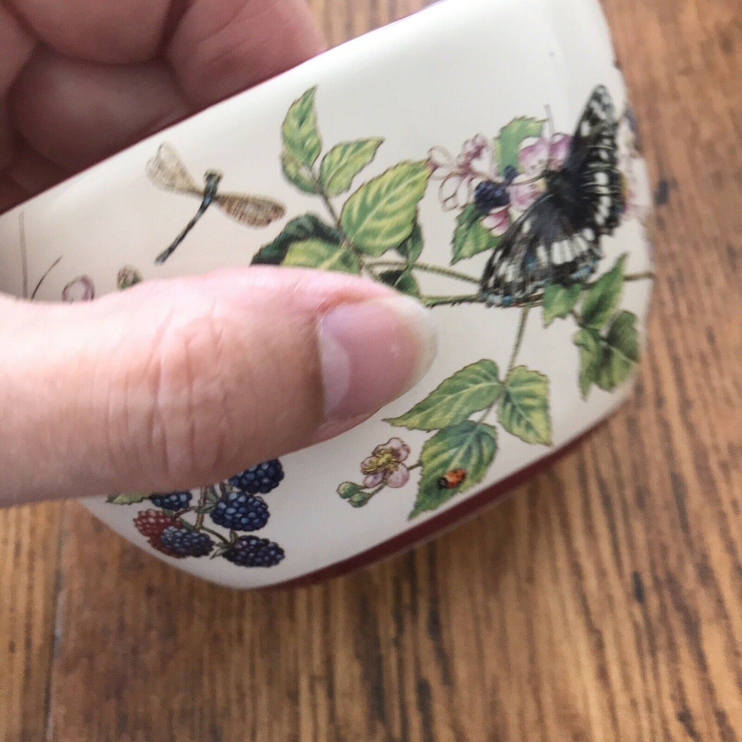 Small Deep Oval Decorative Bowl Pot / Small Indoor Planter. Butterflies Blackberries Autumnal Floral