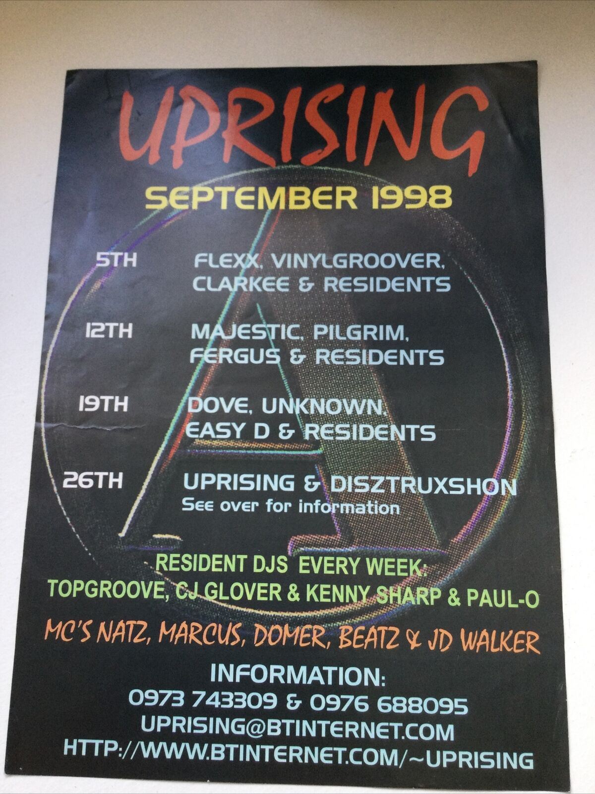 90s Y2K RAVE MEMORABILIA UPRISING ADELPHI SHEFFIELD Flyer SEPTEMBER 1998 FLEXX