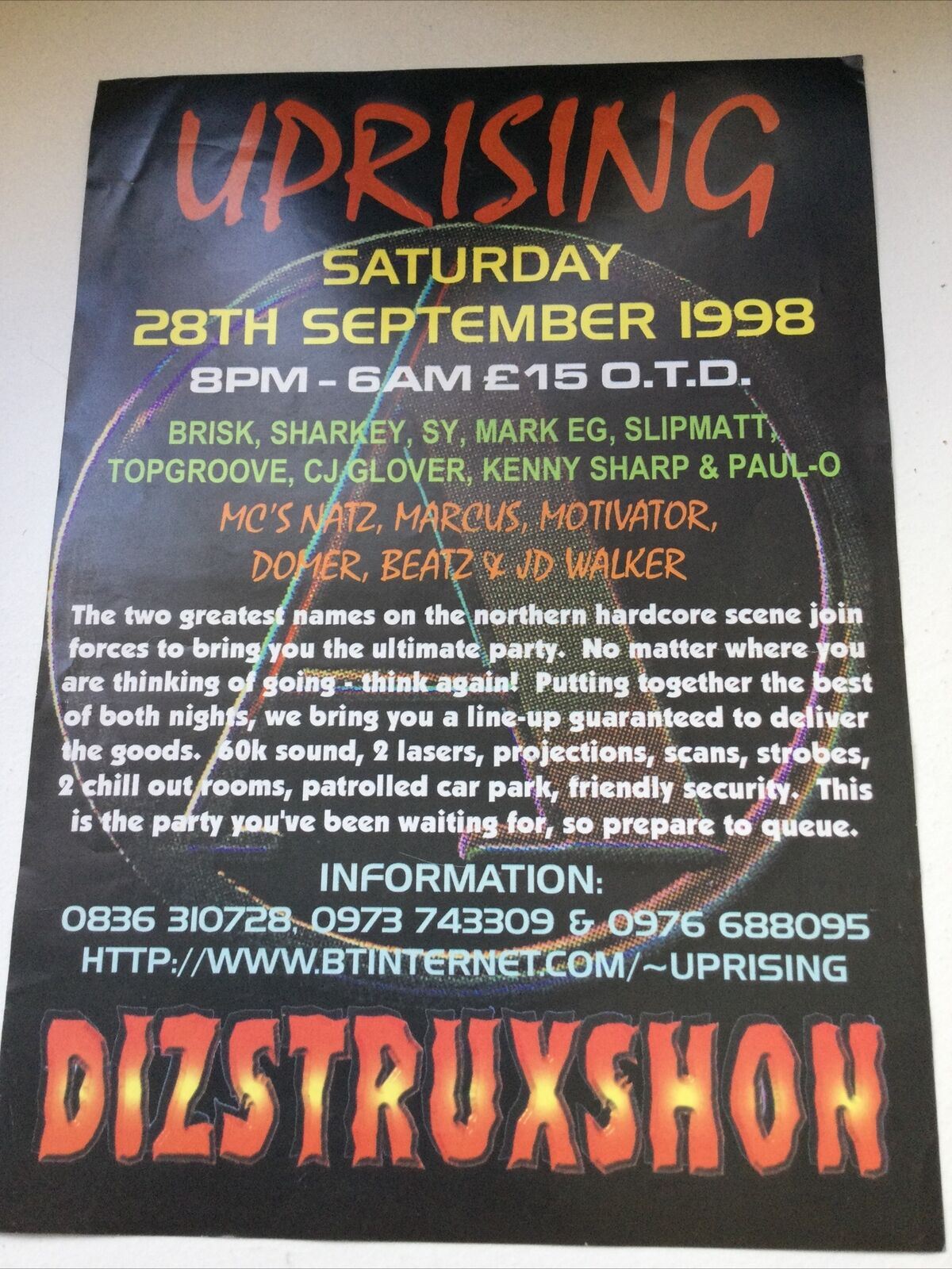90s Y2K RAVE MEMORABILIA UPRISING ADELPHI SHEFFIELD Flyer SEPTEMBER 1998 FLEXX