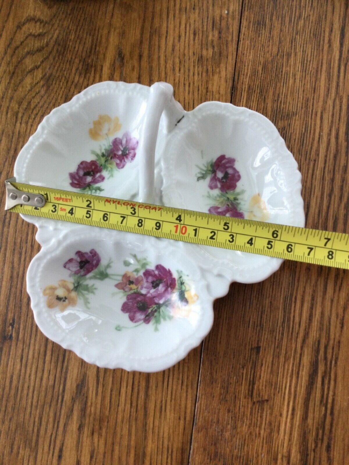 Pretty basket shape vintage trinket dish with handle. Divided into 3. Floral dainty china white, purple, yellow