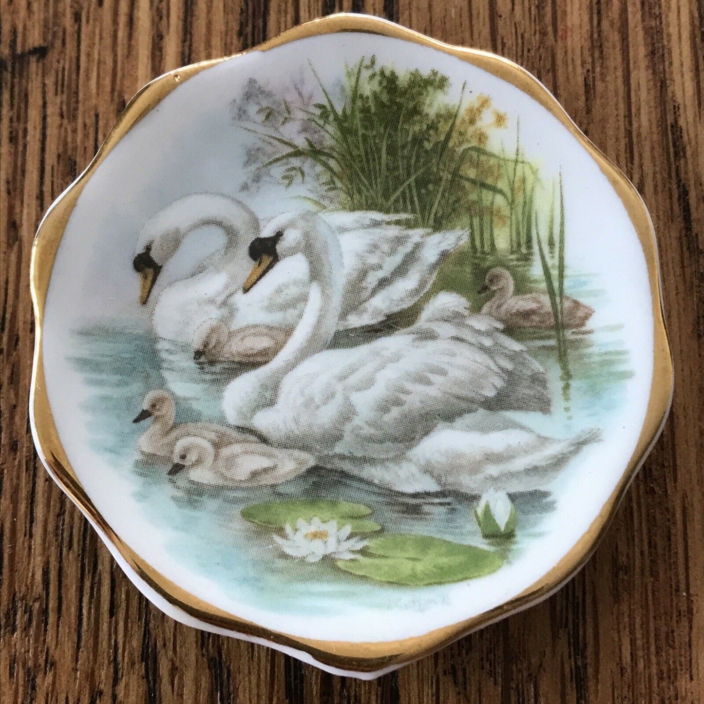 Vintage Miniature Plate / Pin Dish - Swans And Cygnets - Staffordshire Bone China - Gold Fluted Edge