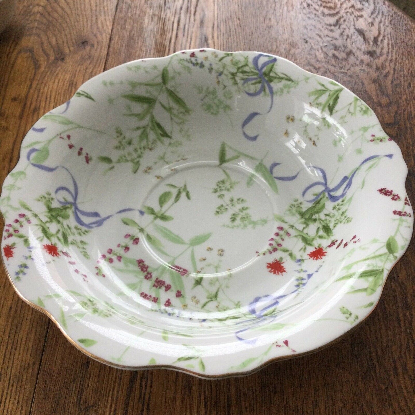 Fancy Floral China Bowl Vintage Style. Gold Detail Pretty Flowers & Bows Ornate. Green and Blue.