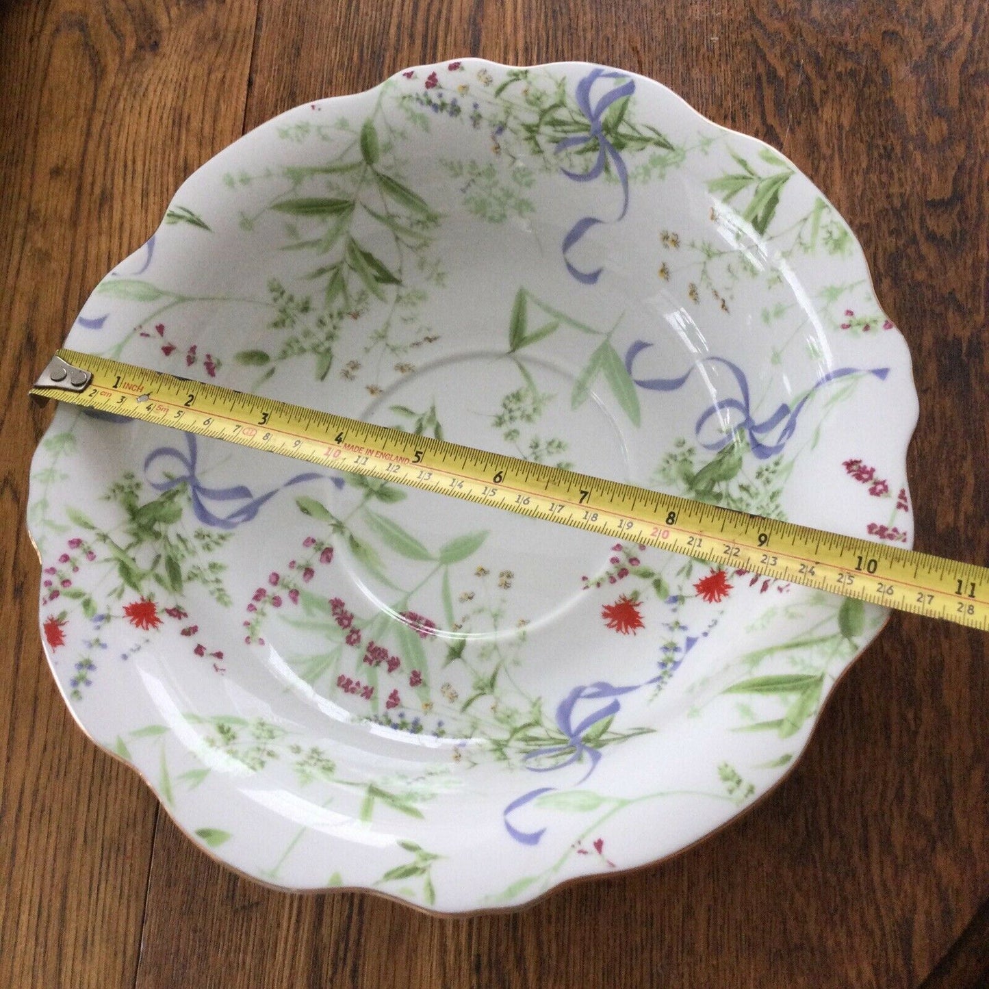 Fancy Floral China Bowl Vintage Style. Gold Detail Pretty Flowers & Bows Ornate. Green and Blue.