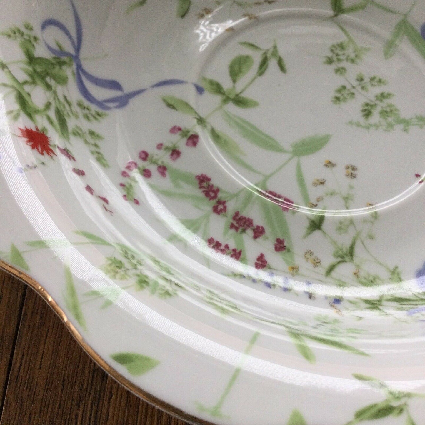 Fancy Floral China Bowl Vintage Style. Gold Detail Pretty Flowers & Bows Ornate. Green and Blue.