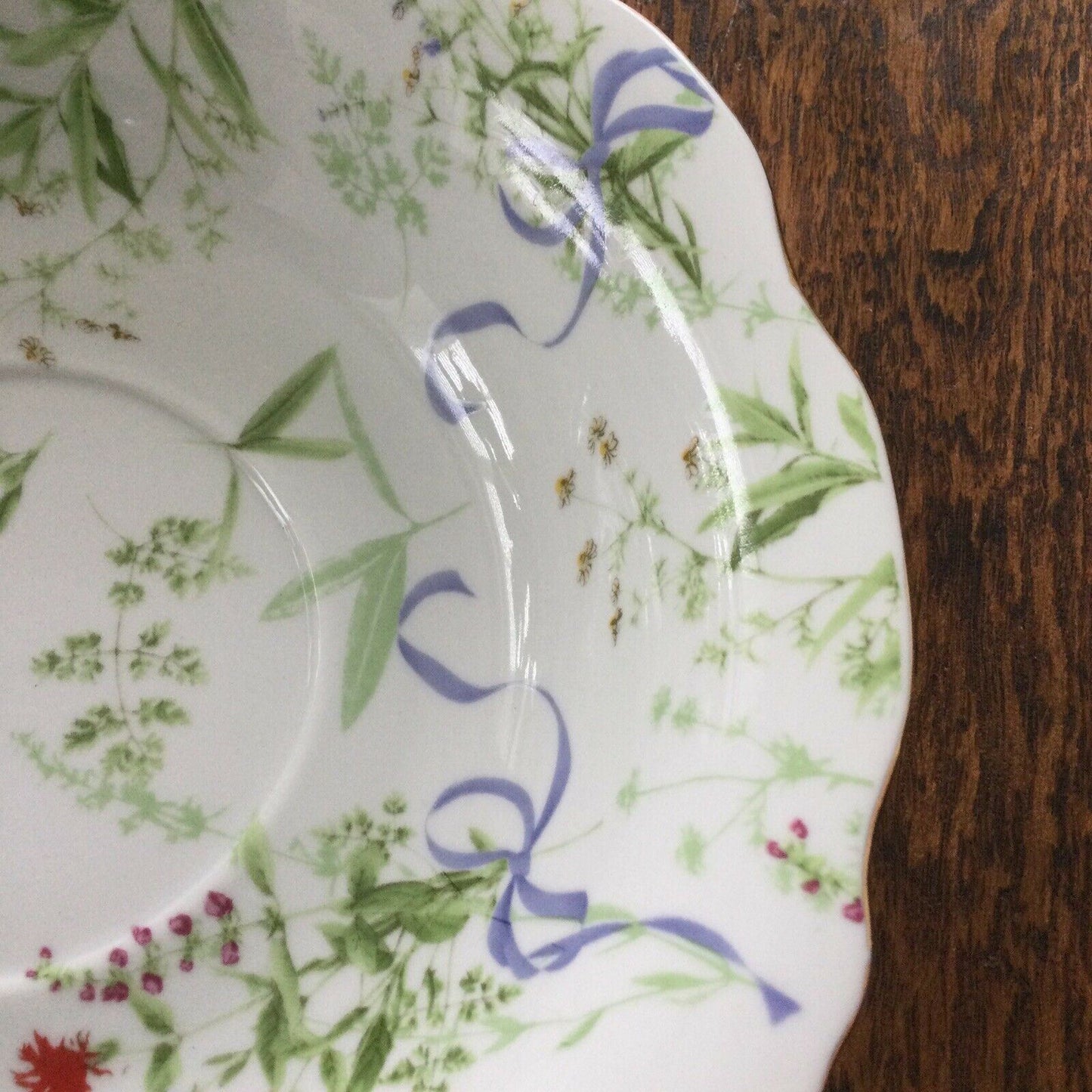 Fancy Floral China Bowl Vintage Style. Gold Detail Pretty Flowers & Bows Ornate. Green and Blue.