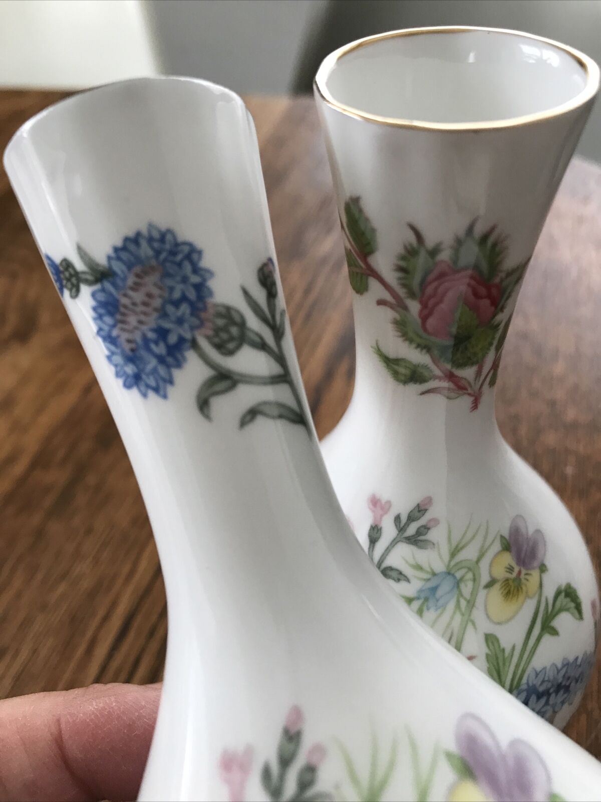 Pair Of Vintage Aynsley Wild Tudor Bud Vases Pretty Floral Bone China Violets Cornflower 1990s
