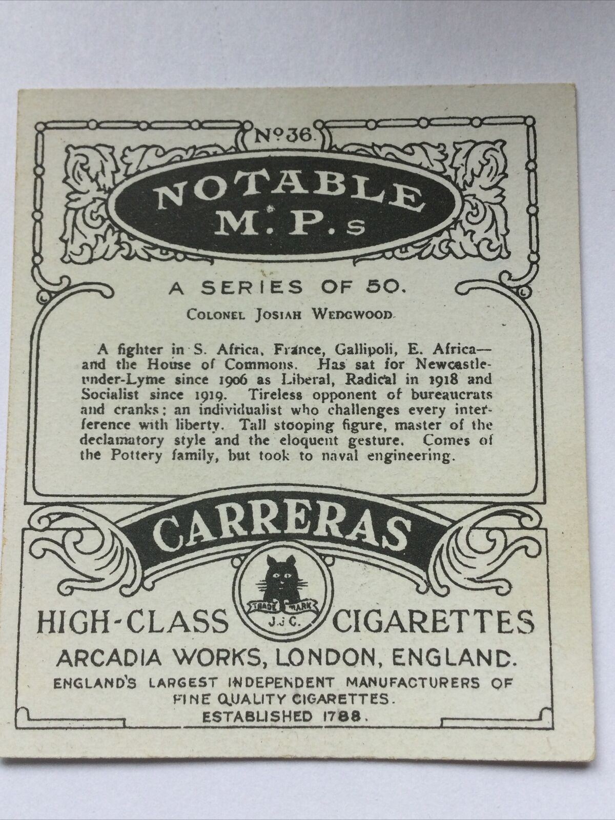 Larger Size Carreras Cigarette Card - 1929 - Notable MPs - COLONEL JOSIAH WEDGWOOD - Newcastle Under Lyme