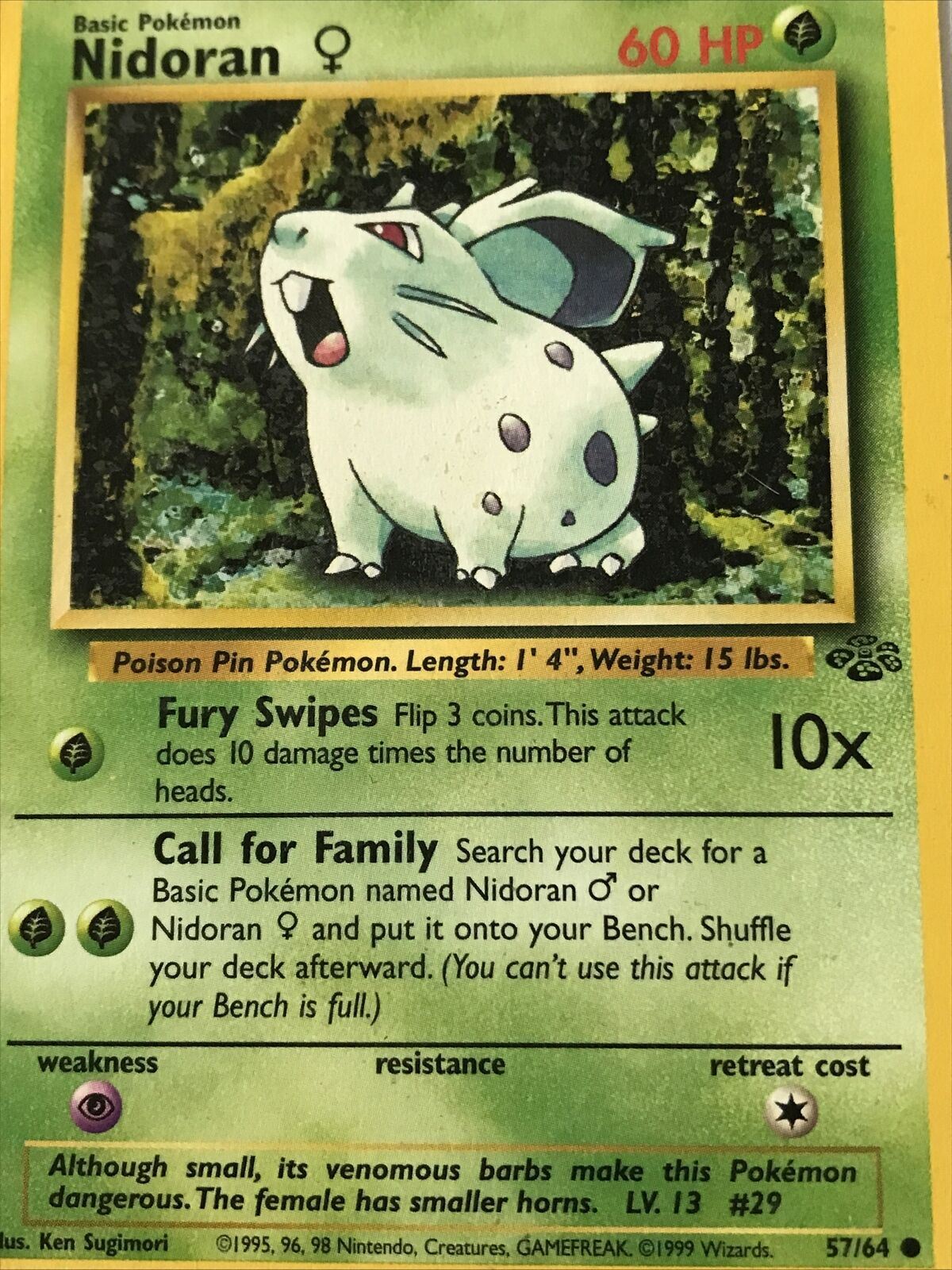 Vintage Pokemon Card 1999 NIDORAN 57/64 Basic HP60 Poison Pin Played