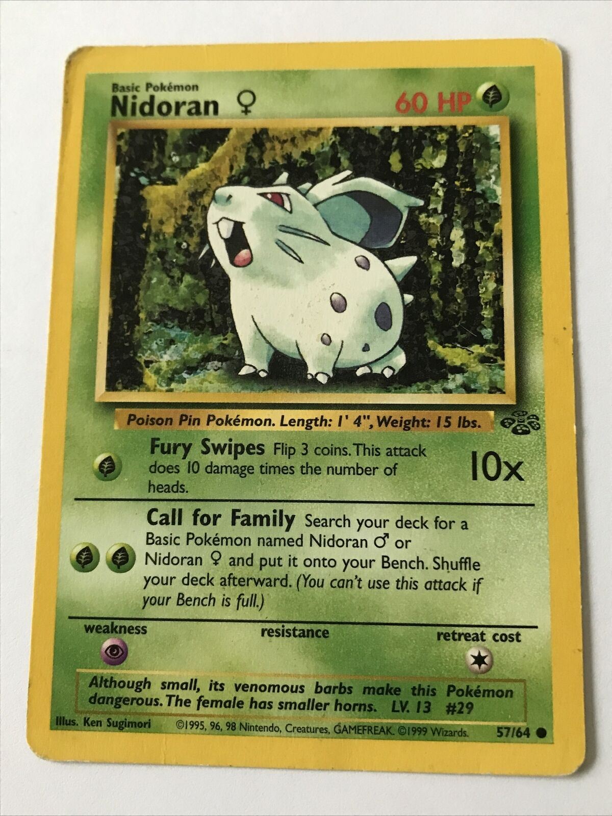 Vintage Pokemon Card 1999 NIDORAN 57/64 Basic HP60 Poison Pin Played