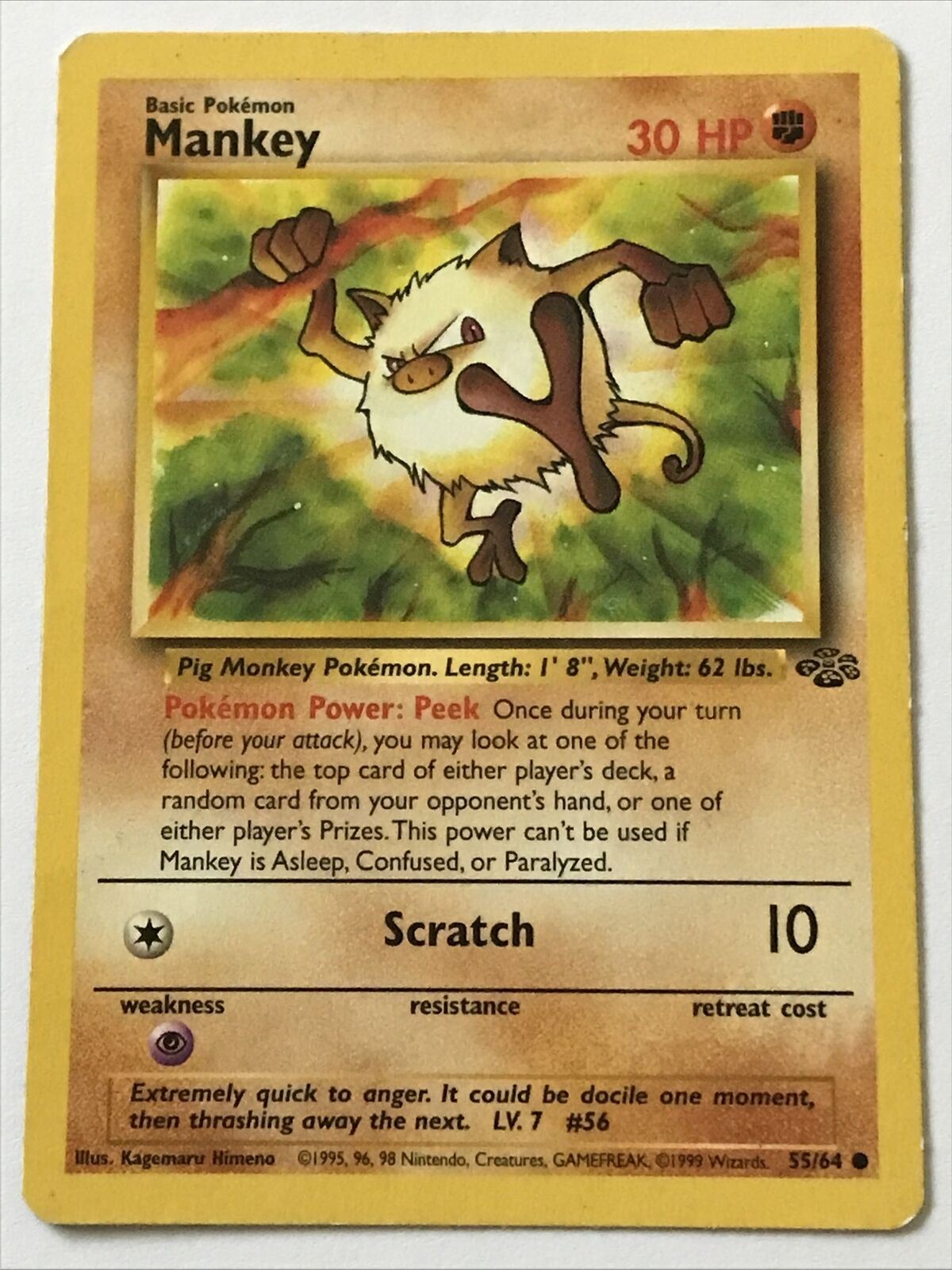 Vintage Pokemon Card 1999 MANKEY 55/64 Basic HP30 Played Pig Monkey Wizards