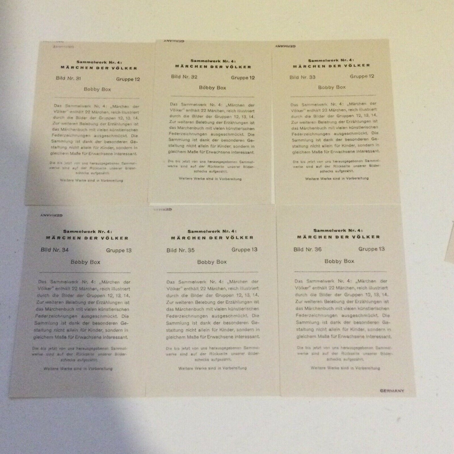 6 x Vintage 1930s Bobby Box Images. Sammelwerk Cigarette Cards Nos. 31-36 VGC