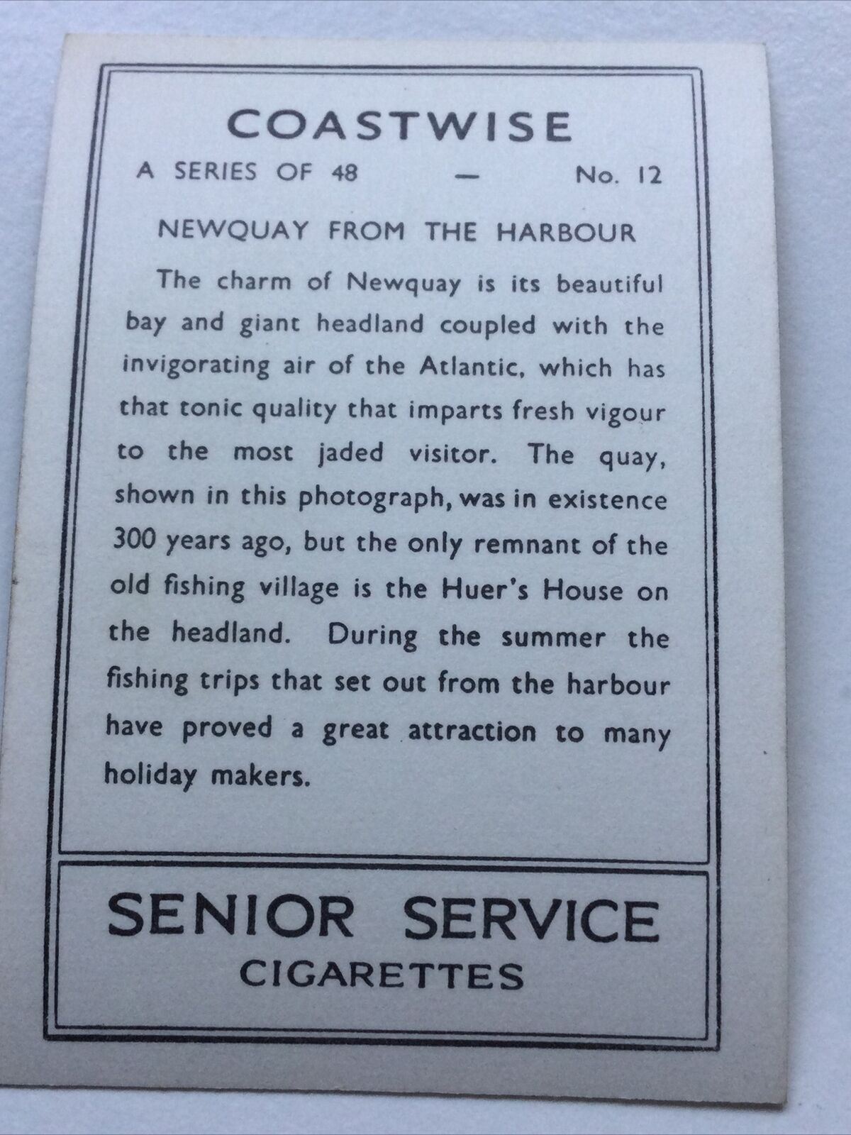 Vintage 1939 Senior Service Cigarette Card 'Coastwise' - No. 12 - Newquay From The Harbour